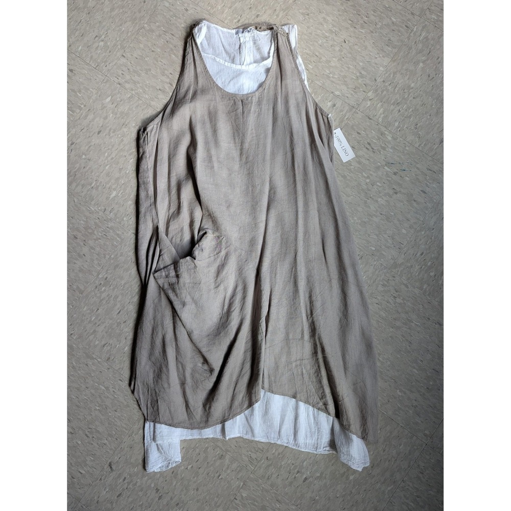 NWT 100% Linen Layered Boho Lagenlook Dress Crochet Back Tan Beige Made in Italy - Picture 3 of 12